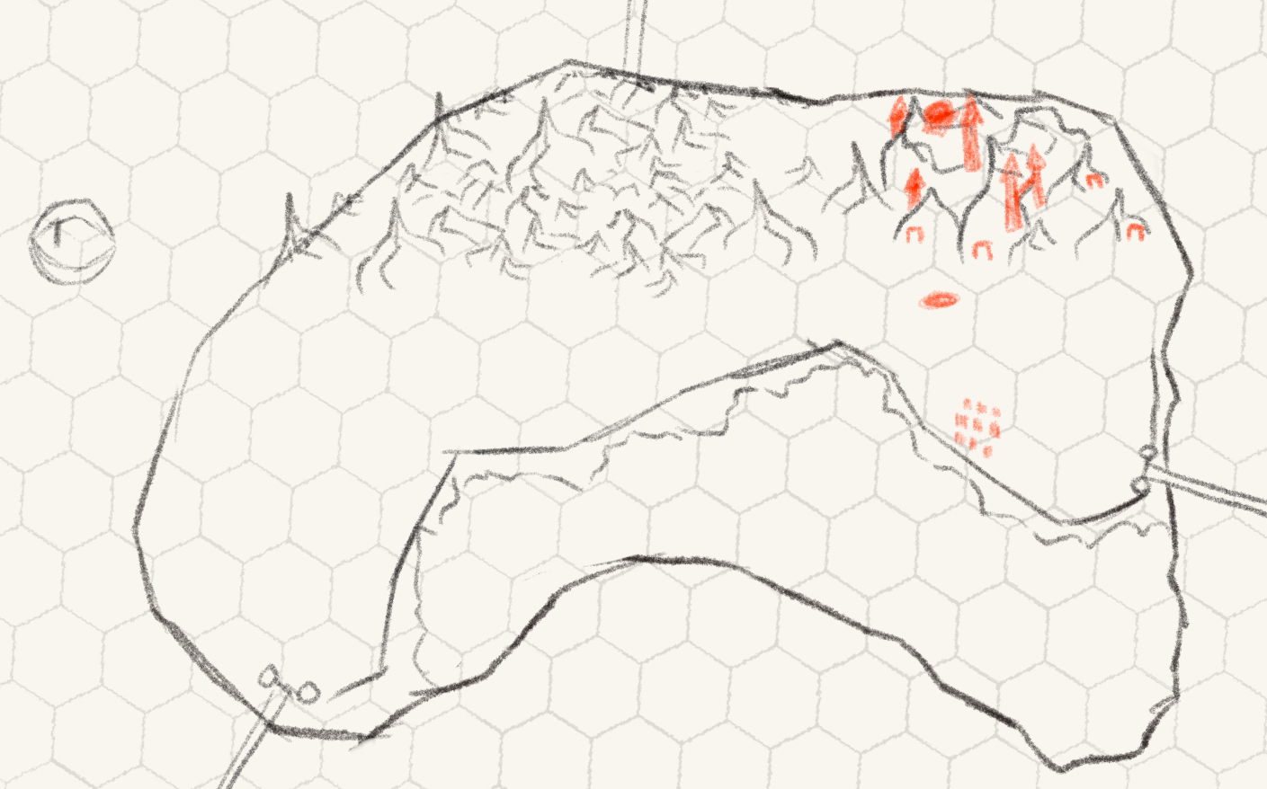 A digital sketch of a mountainous island. It is a sloppy sketch with unfinished lines and jagged edges. There are a handful of towers and circles on the right side drawin in red. It looks vaguely like the previous map, but at a different angle and with odd proportions. It also has a thin hexagon pattern on top.